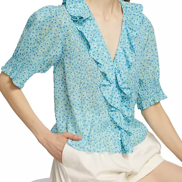 Doen Tops - Doen Henri Blue Daisy Fields Floral Ruffle Blouse XS